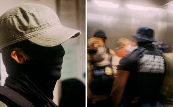 On the left is a picture of a man in a green baseball cap with a full face mask. On the right is a blurred picture of three masked ICE agents and several other people in an elevator.